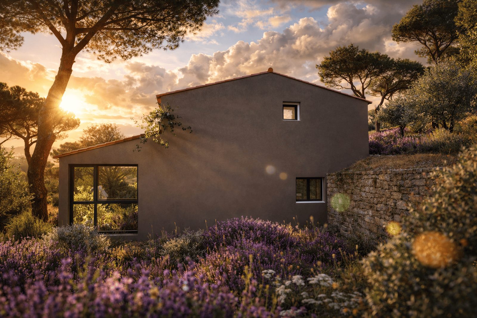 Villa E27 — Pignon et lavandes au coucher du soleil