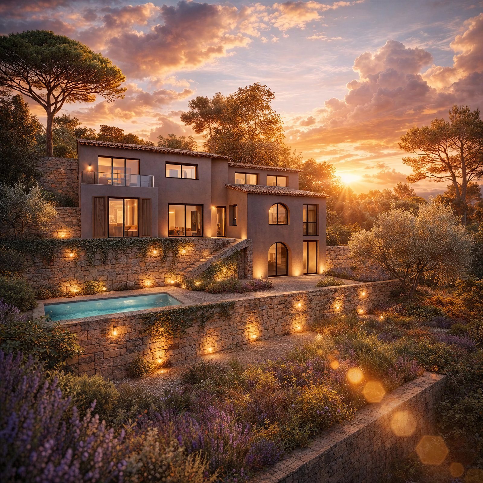 Villa E27 — Piscine et restanques au coucher du soleil