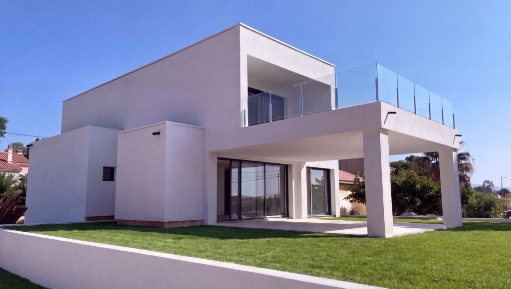 Villa R12, villa contemporaine en enduit blanc avec terrasse sur portique et garde-corps vitré, L'Ayguade, Hyères-les-Palmiers (83)