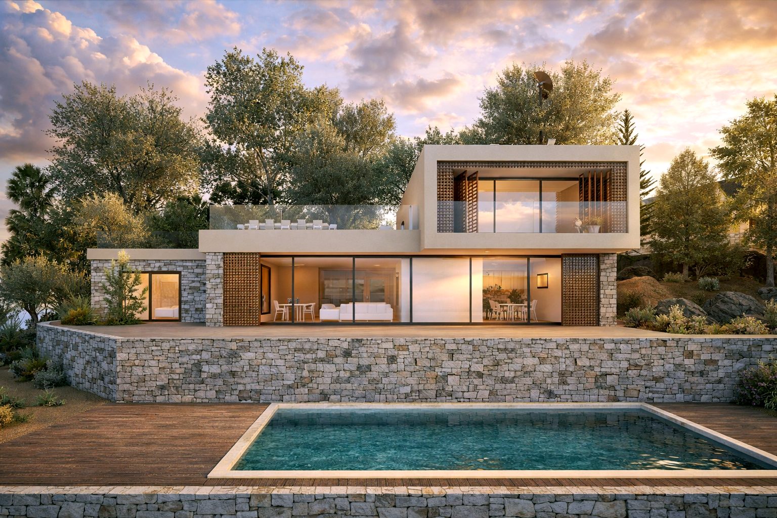 Villa R23 — Façade et piscine au crépuscule