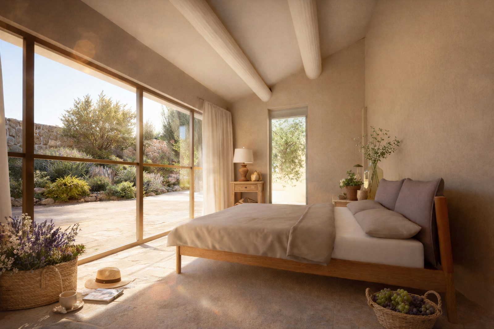 Villa T6 — La chambre, baie vitrée sur le jardin